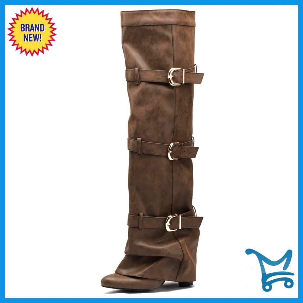 Pointed Toe Knee High Boots With Buckle Fold Over Chunky Heels